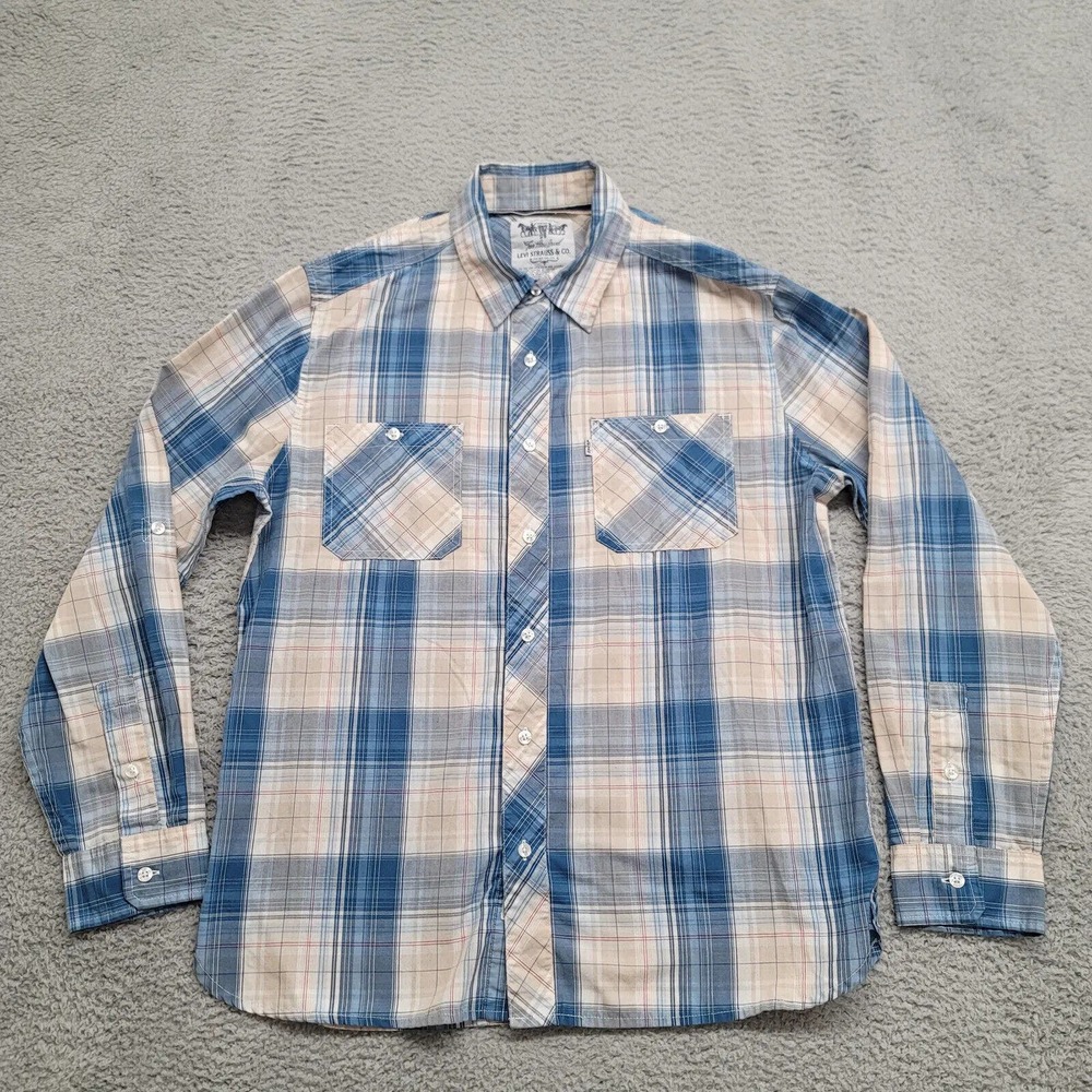 Levis‎ Shirt Mens Large Blue Plaid Pearl Snaps Cowboy Outdoors Casual Workwear